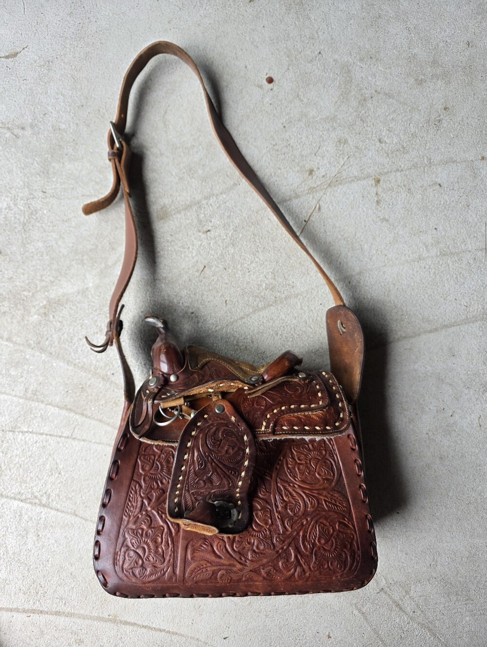 Vintage 70s Hand Tooled Leather Horse Saddle Bag Brown